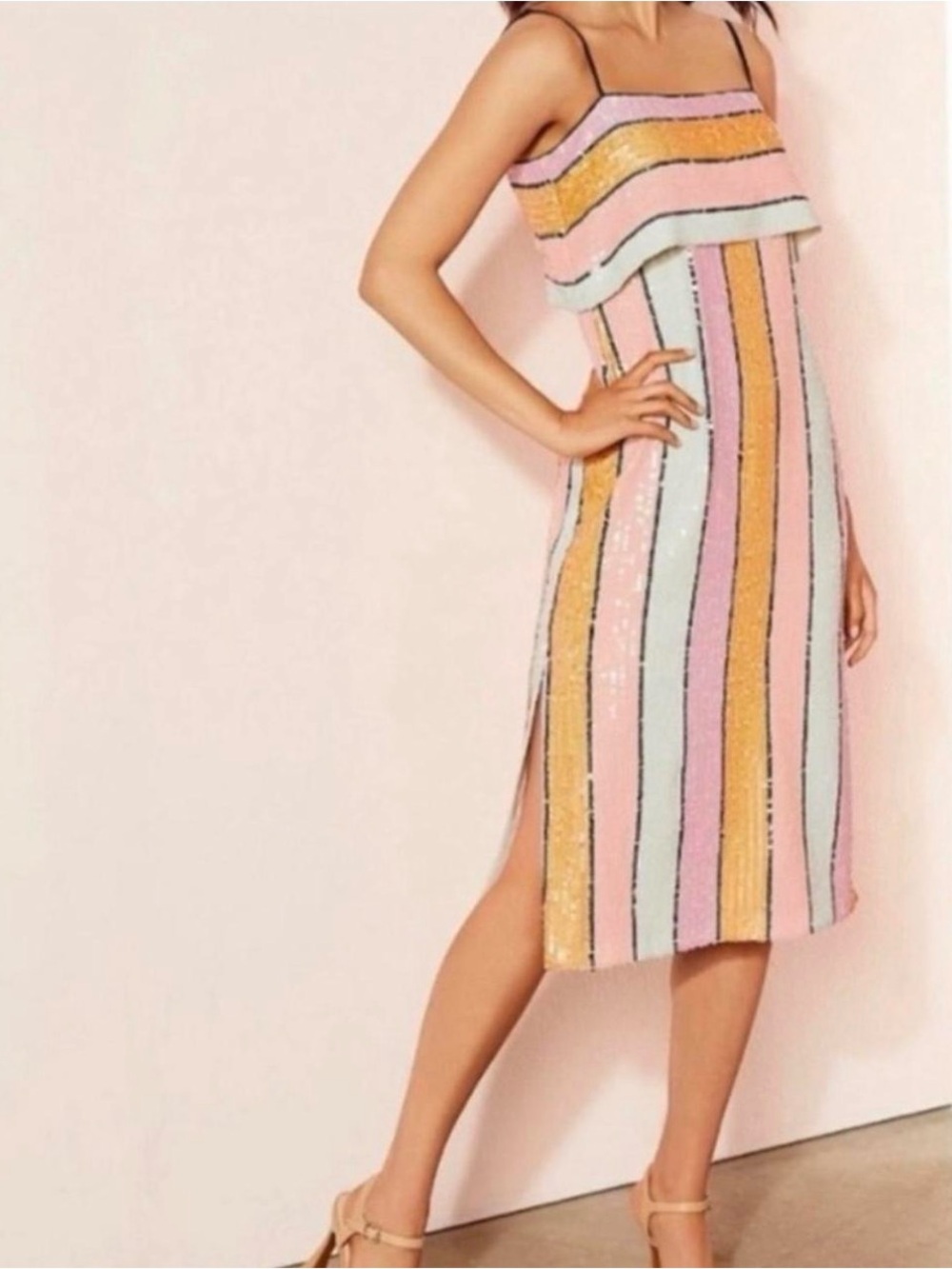Gianni Bini Striped Sequin Midi Dress in Pink, Yellow and Mint